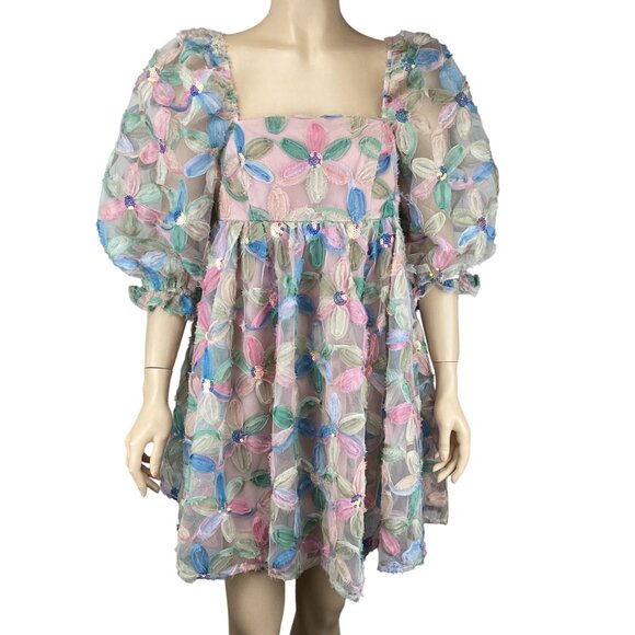 Storia Womens Dress Size Small Stacy Sequins Floral Puff Sleeve Babydoll - Picture 2 of 11